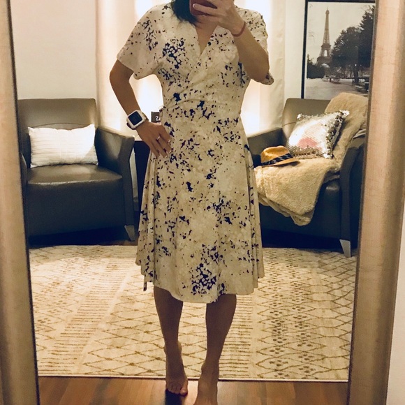 Halston Dresses & Skirts - Halston Cream Black Print Wrap Midi Dress Size XS